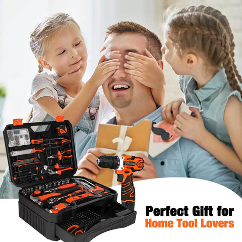 Father surprised by children with 255 Piece Tool Set With 12V Cordless Drill Driver Drawer Style Toolbox Case All In One Home Repair Kit