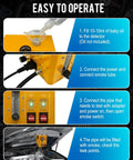 Instruction steps for Automotive Smoke Machine With Built In Air Compressor, showing oil fill, connections, and use under car hood.
