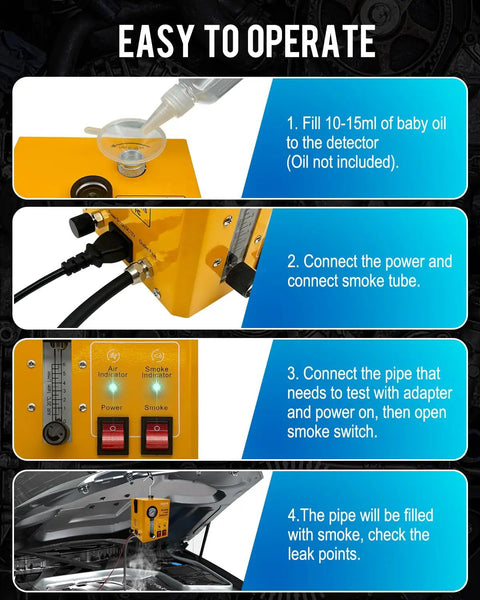 Instruction steps for Automotive Smoke Machine With Built In Air Compressor, showing oil fill, connections, and use under car hood.