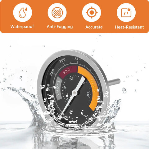 Glowing Analog Stainless Steel Grill Thermometer Replacement Gauge for Oklahoma Joe Longhorn and Highland Smokers Thirteen Sixteenth Inch Mount Hole BBQ Heat Indicator for Charcoal Wood Pellet and Gas Grills Two Pack, waterproof dial