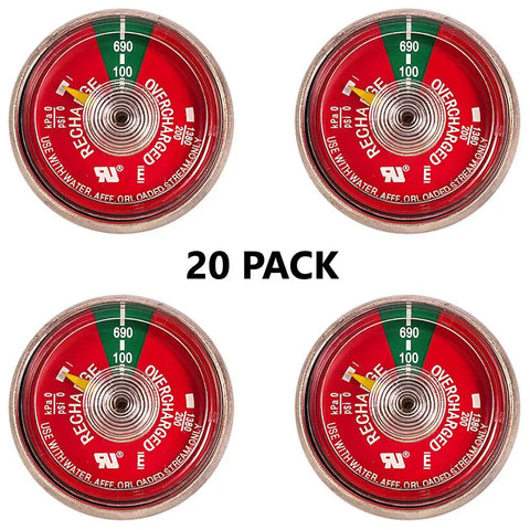 20 Pack UL Rated 100 PSI Red Replacement Gauges For Water Fire Extinguishers Built For Stainless Steel Tanks with pressure readings.