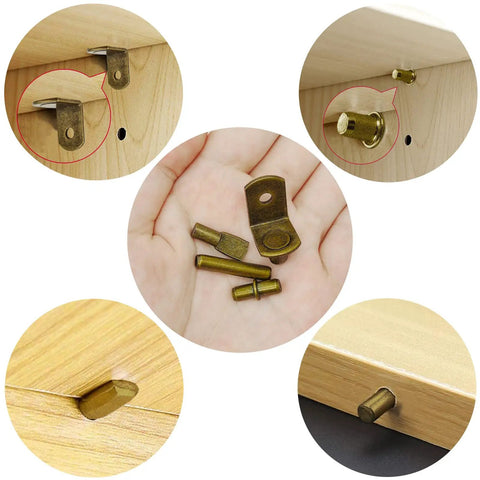 Heavy Duty Steel Shelf Pins And Pegs Kit Packs 104 Dang Tough Pieces For Bookshelves Cabinets Kitchen Furniture And Closets Featuring Genuine Bronze Tone Hardware in various angles and uses.