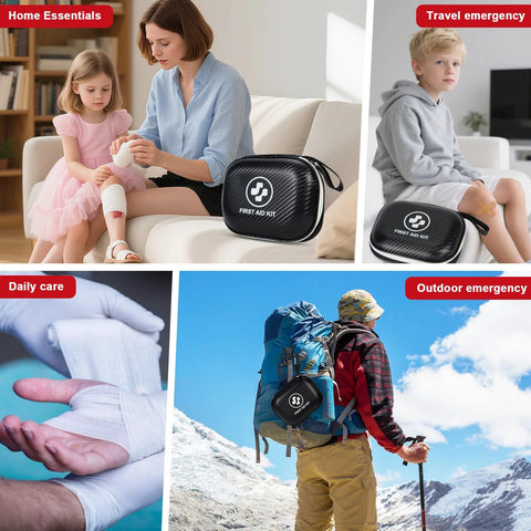 Small black hard-shell first aid kit with white logo; portable for home, travel and outdoor use.