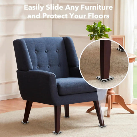 Blue armchair with 8 Pack Carpet Furniture Sliders For Heavy Furniture On Carpet Heavy Duty Square Sliders 1.97x0.31 In Reusable Moving Pads
