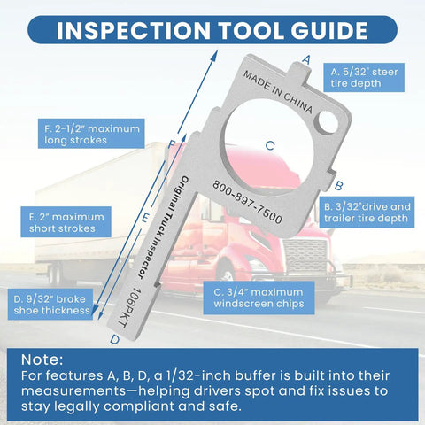 Inspection tool with guides: Must Have Pre Trip Inspection Tool For Truck Drivers And Mechanics With Tire Tread Depth Gauge.