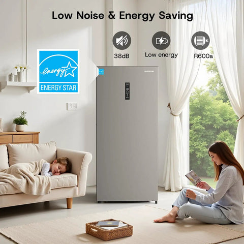 No Brainer 14 Cu Ft Upright Freezer Convertible Fridge with Smart Digital Controls and Energy Star rating in modern living room.