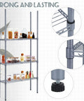 4 Pack 74 Inch Wire Shelving Post Set with Eight Heavy Duty Chrome Pole Sections and Fifty Shelf Clips, black finish, filled shelves