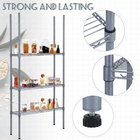 4 Pack 74 Inch Wire Shelving Post Set with Eight Heavy Duty Chrome Pole Sections and Fifty Shelf Clips, black finish, filled shelves