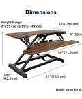 Dimensions of Vari Pro Plus 36 Electric Standing Desk Converter in stylish walnut finish showing height range and width.