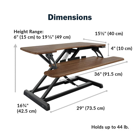 Dimensions of Vari Pro Plus 36 Electric Standing Desk Converter in stylish walnut finish showing height range and width.