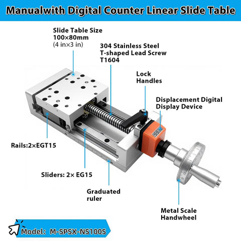 Heavy-Duty Manual Linear Stage With 4 Inch Stroke And 100kg Load, Double Axis T-Type Screw, Sliding Table With Digital Readout For Router And 3D Printer DIY. 100x80mm stainless steel manual slide table with handwheel and digital display