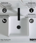 Top view of Quattro QM174 Vibrant Matte White 15 Inch Square Bathroom Vessel Sink For Above-Counter Installation with key features.