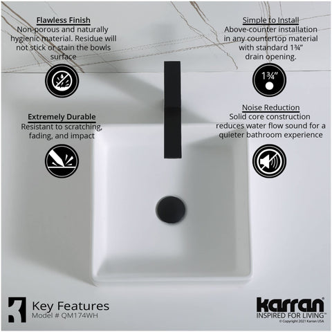 Top view of Quattro QM174 Vibrant Matte White 15 Inch Square Bathroom Vessel Sink For Above-Counter Installation with key features.