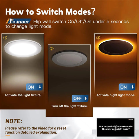 Instructions for switching modes on 12 Pack 6 Inch LED Recessed Ceiling Lights With Night Light 5CCT Selectable 2700K To 5000K Ultra Thin Canless Wafer Downlight 12W Equal 110W 1100 Lumen ETL FCC