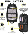 business travel garment bag with space for four suits, dual layers, anti-crumple piping, and shoe compartment