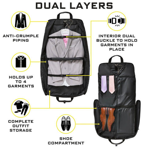business travel garment bag with space for four suits, dual layers, anti-crumple piping, and shoe compartment