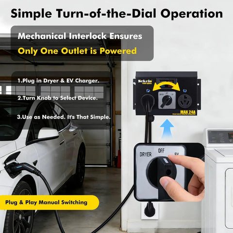 No Sweat Manual EV Charging Switch in use, showing dial operation, rugged aluminum design, 24 Amp toggle for EV and dryer.