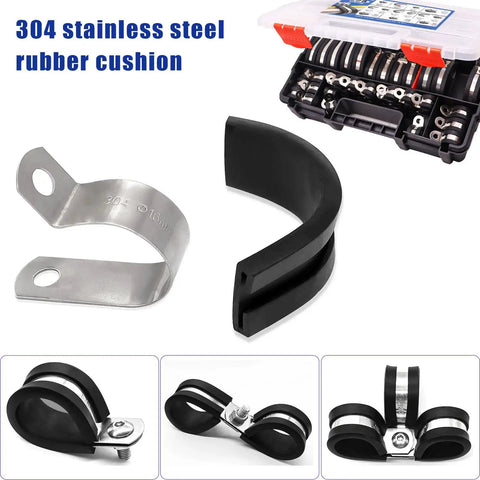 125Piece Cable Clamps Assortment Kit In 12 Sizes From 3/16 In To 2 In With 304 stainless steel rubber cushioned clamps in box