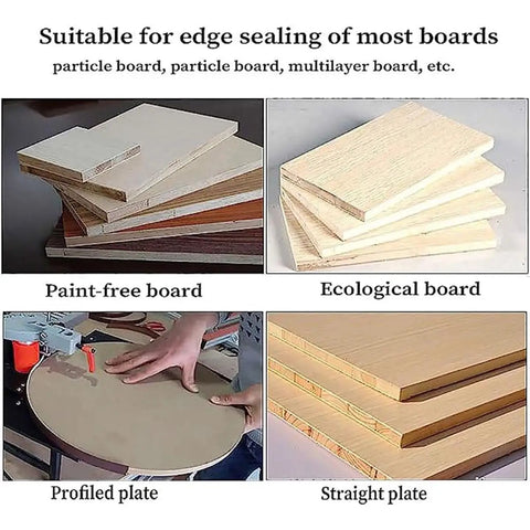 Portable Edge Bander For Woodworking With Speed Control, Curve And Straight Edge Modes shown on profiled and straight plates