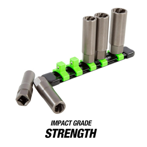 Spiral Type Deep Bolt Extractor Set, Five Piece, Chrome Vanadium Steel Construction on holder, for auto bolt removal