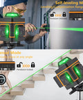 Comparison of self-leveling and manual modes of the 16 Line Green Laser Level Self Leveling Tool With 360 Degree Horizontal And Vertical Lines 150ft Range Rechargeable 3000mAh Battery Two Vertical And Two Horizontal Planes For Quick Accurate Square Alignment in use, showcasing green laser lines on a construction site and stairs.