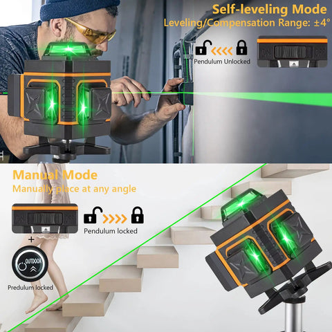 Comparison of self-leveling and manual modes of the 16 Line Green Laser Level Self Leveling Tool With 360 Degree Horizontal And Vertical Lines 150ft Range Rechargeable 3000mAh Battery Two Vertical And Two Horizontal Planes For Quick Accurate Square Alignment in use, showcasing green laser lines on a construction site and stairs.