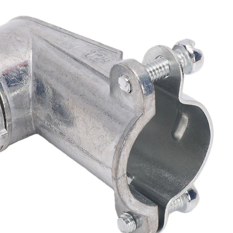 Top Shelf 90 Degree Squeeze Connector In Die Cast Zinc Alloy For 1 2 Inch Conduit Fitting and Smooth AC MC Flexible Conduit Routing, angled view.