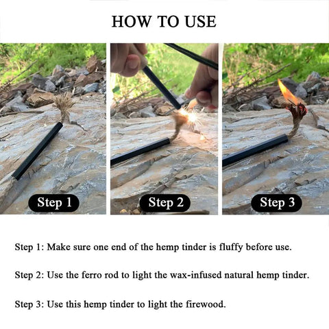 How to use Flint And Steel Fire Starter Kit With Ferro Rods And Magnesium for outdoor fires shown in three steps.