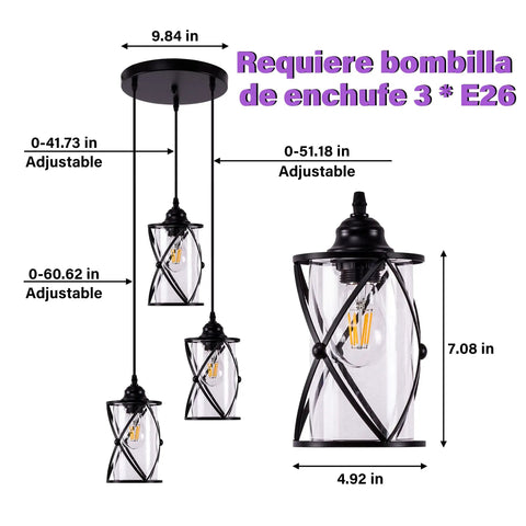 Dope Three Light Industrial Pendant Light With Black Metal Cage And Glass Shades sizing dimensions diagram