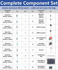 Complete component set list for Beginner Soldering Practice Board NE555 Simulation Project Kit with resistors and LEDs.