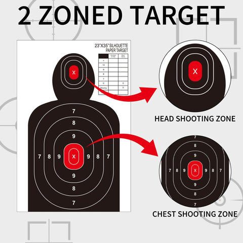 10 Pack 23x35 Inch Silhouette Paper Targets For Shooting Great For Handguns Rifles Airguns BB Guns Indoor And Outdoor Range Day Sesh With Dual Zone Head And Body Targets For All Calibers image featuring two shooting zones and measurements