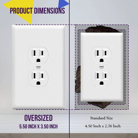 Comparison of oversized Duplex Receptacle Outlet Wall Plate Jumbo Oversized 1 Gang 5.5 Inch By 3.5 Inch and standard size