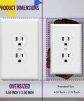 Image comparing oversized Jumbo Duplex Outlet Wall Plate Covers 5.5x3.5 inches to standard size outlets.