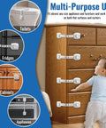 4 Pack Child Safety Locks For Cabinets, Drawers, Fridge And Toilet Latches with Extra 3M Adhesives shown on furniture