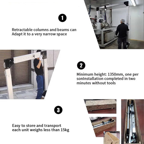 Hella Sturdy Aluminum Portable Gantry Crane Rig Quick Adjust Height Span Tight Quarters Rough Ground No Sweat Hoisting Up To Four Thousand Four Hundred Pounds Capacity demonstrated with retractable columns and easy transport.