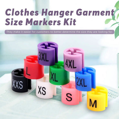 820 Piece Hanger Size Markers Set With Storage Box, 9 Common Sizes From XXS To 4XL, color-coded markers displayed on a surface.