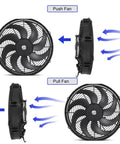 Straight Shot Universal 16 Inch Black Slim Radiator Cooling Fan 12V 100W Push Pull Setup with airflow directions.