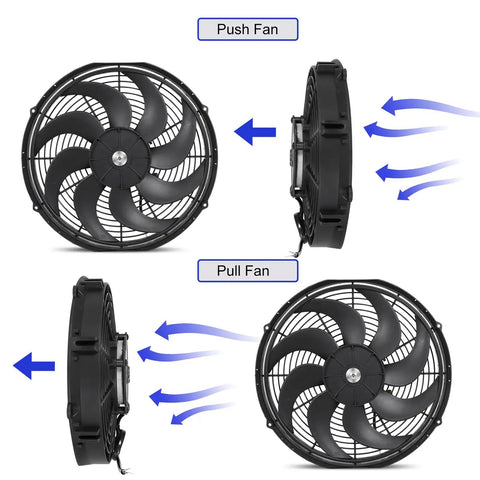 Straight Shot Universal 16 Inch Black Slim Radiator Cooling Fan 12V 100W Push Pull Setup with airflow directions.