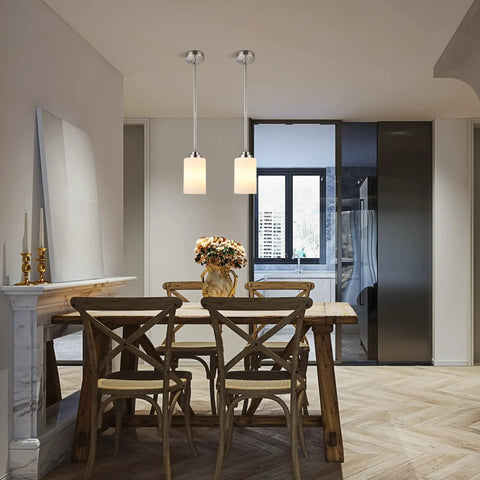 Dining area with 2 Pack Mini Pendant Lights For Kitchen Island Adjustable Height Indoor Modern Pendant Lighting Brushed Nickel