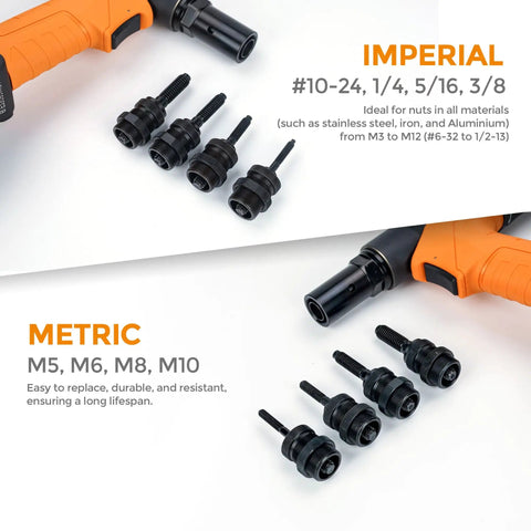 Heavy Duty Pneumatic Rivet Nut Tool Trade Grade Air Riveter Setting Kit with four interchangeable nose pieces for M3 to M12 threads