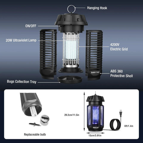 High Power Mosquito Zapper For Indoor Outdoor Use 20W 4200V Instant Grid Chemical Free And Kid Safe And Pet Friendly Covers Half Acre Perfect For Patio Backyard And Home 2 Pack, showing components and features including 20W ultraviolet lamp and electric grid protection.