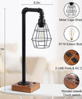 Industrial Desk Lamp With Bulb Included, 3-Way Dimmable, Dual USB Ports And AC Outlet, rustic metal cage and wood base