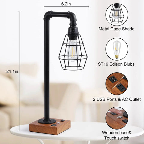 Industrial Desk Lamp With Bulb Included, 3-Way Dimmable, Dual USB Ports And AC Outlet, rustic metal cage and wood base