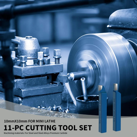 11-piece carbide-tipped lathe cutting tool set for metal turning, blue tools displayed with a spinning chuck.