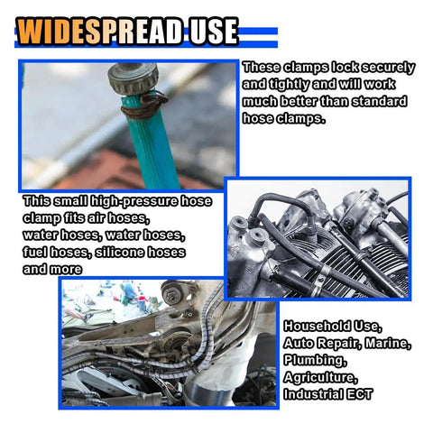 Heavy Duty Stainless Steel Fuel Injection Hose Clamps Set shown in automotive and industrial use with detailed close-ups.