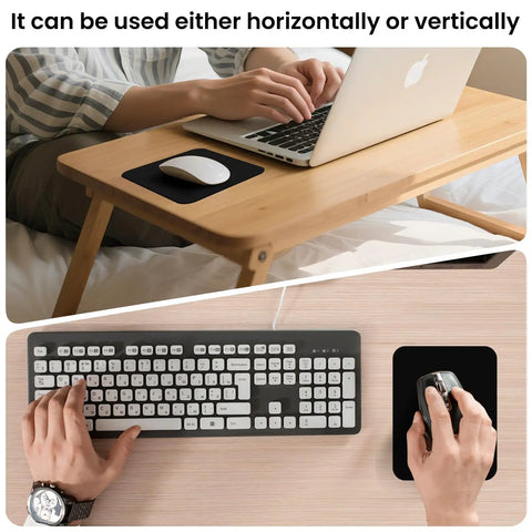 Compact 6x8 Inch Mouse Pad For Travel And Work Flexible For Horizontal Or Vertical Use Perfect For Laptops Keyboard Trays And Small Desk Setups Budget Friendly Portable Office Accessory For On The Go Black shown in use with laptop and keyboard
