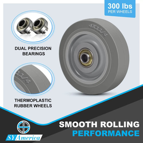 Heavy Duty 4 Inch Replacement Caster Wheels Set Of 4 Thermoplastic Rubber 1200 Lbs Capacity showing TPR wheel with dual precision bearings.