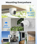 5MP PoE Home Security Camera System Kit, 8 Channel NVR With 4 Outdoor Wired IP Cameras, Smart Person Pet Vehicle Detection, shown mounted indoors and outdoors.