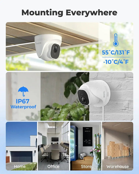 5MP PoE Home Security Camera System Kit, 8 Channel NVR With 4 Outdoor Wired IP Cameras, Smart Person Pet Vehicle Detection, shown mounted indoors and outdoors.