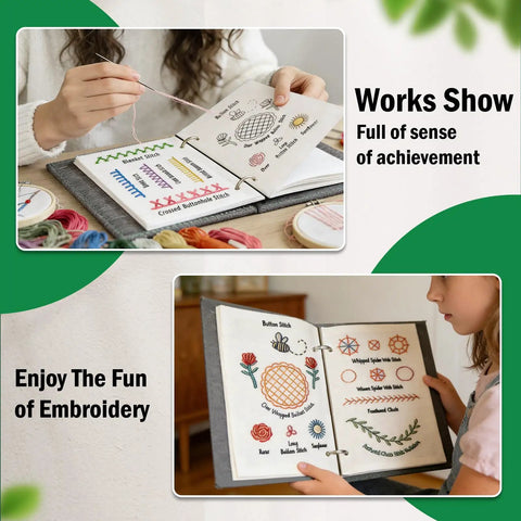 Person using Upgraded Embroidery Stitch Book Kit With 106 Patterns, showcasing tools and colorful threads for DIY craft